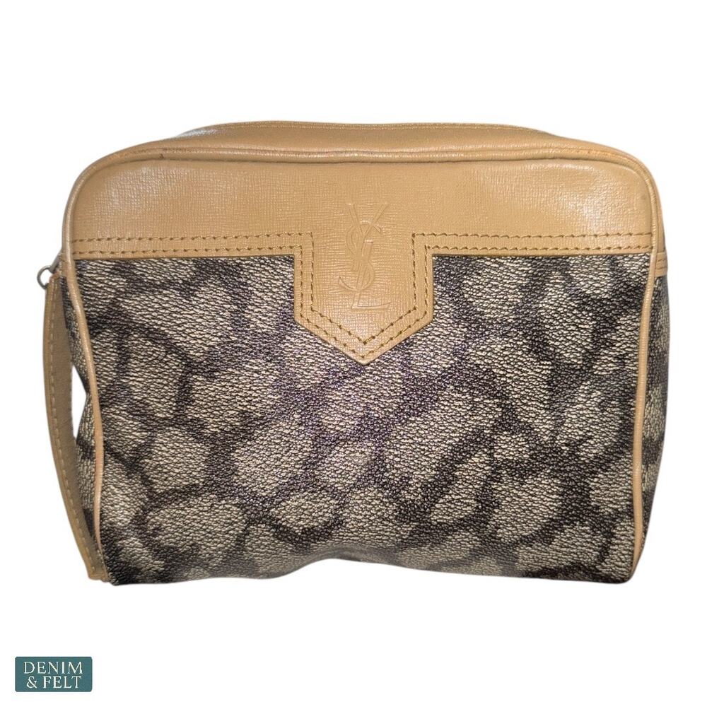 Yves Saint Laurent Monogram Giraffe Print Canvas Clutch Makeup Bag Beige Gray - Picture 2 of 12